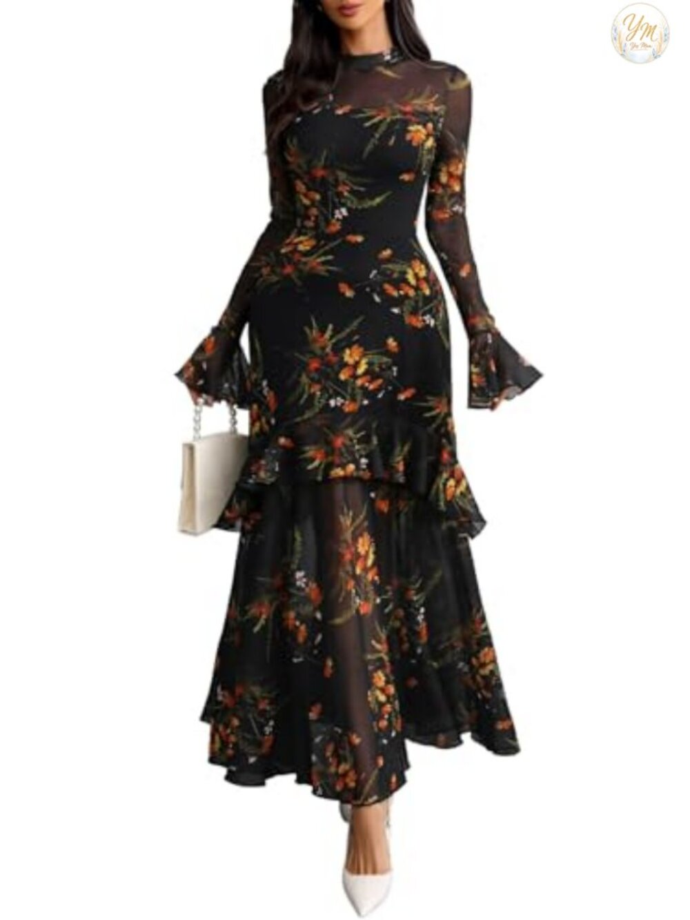 Women Floral Maxi Dress Bell Sleeve Party Wedding Guest Mermaid
